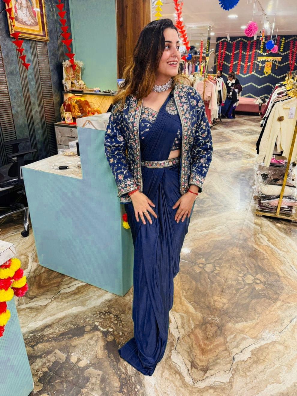 Navy Blue Rangoli Silk Embroidery Work Saree