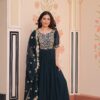 Peacock Blue Faux Blooming Embroidery Zari Work Gown