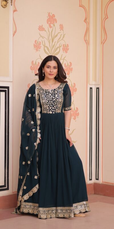 Peacock Blue Faux Blooming Embroidery Zari Work Gown