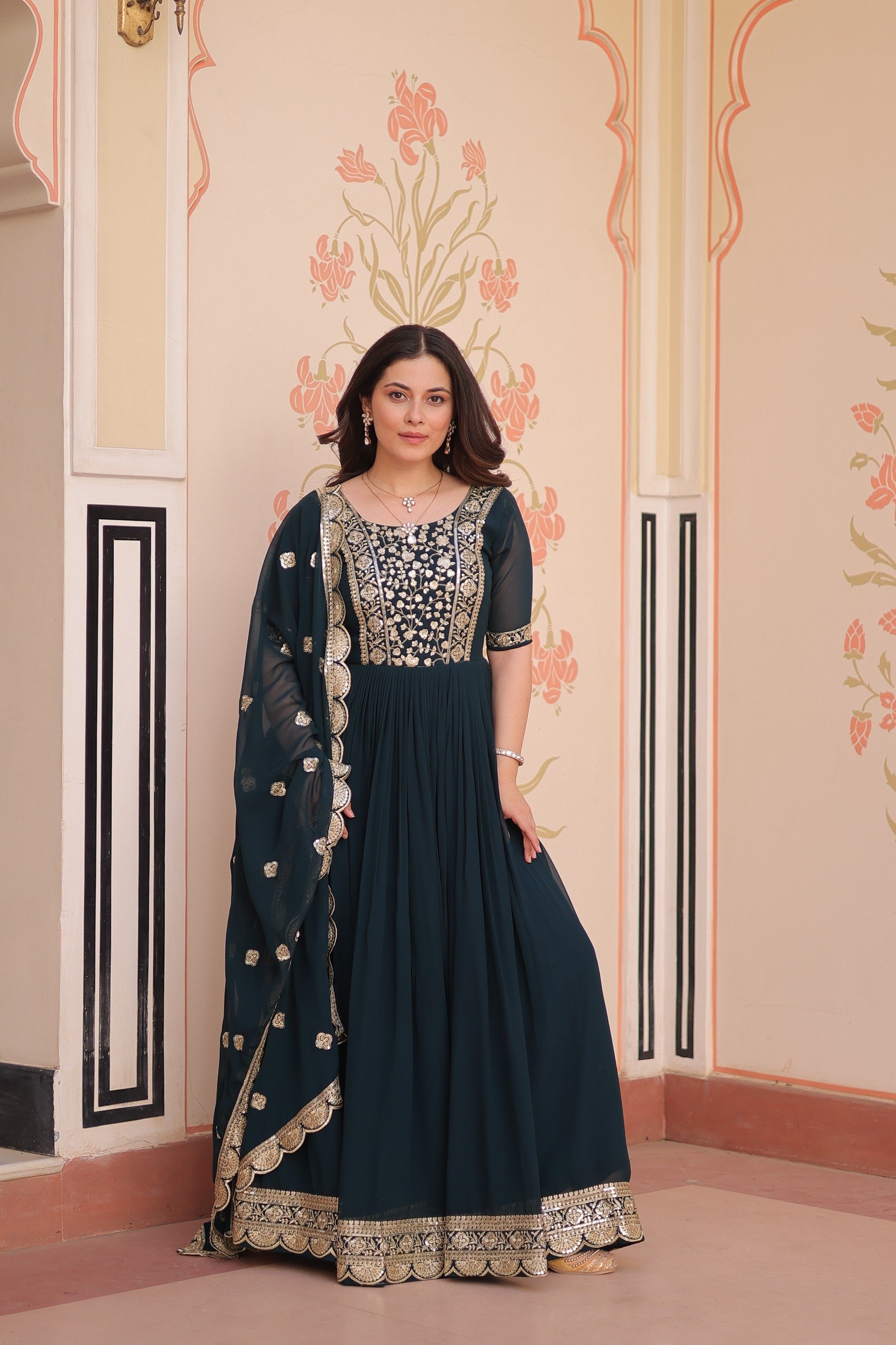 Peacock Blue Faux Blooming Embroidery Zari Work Gown