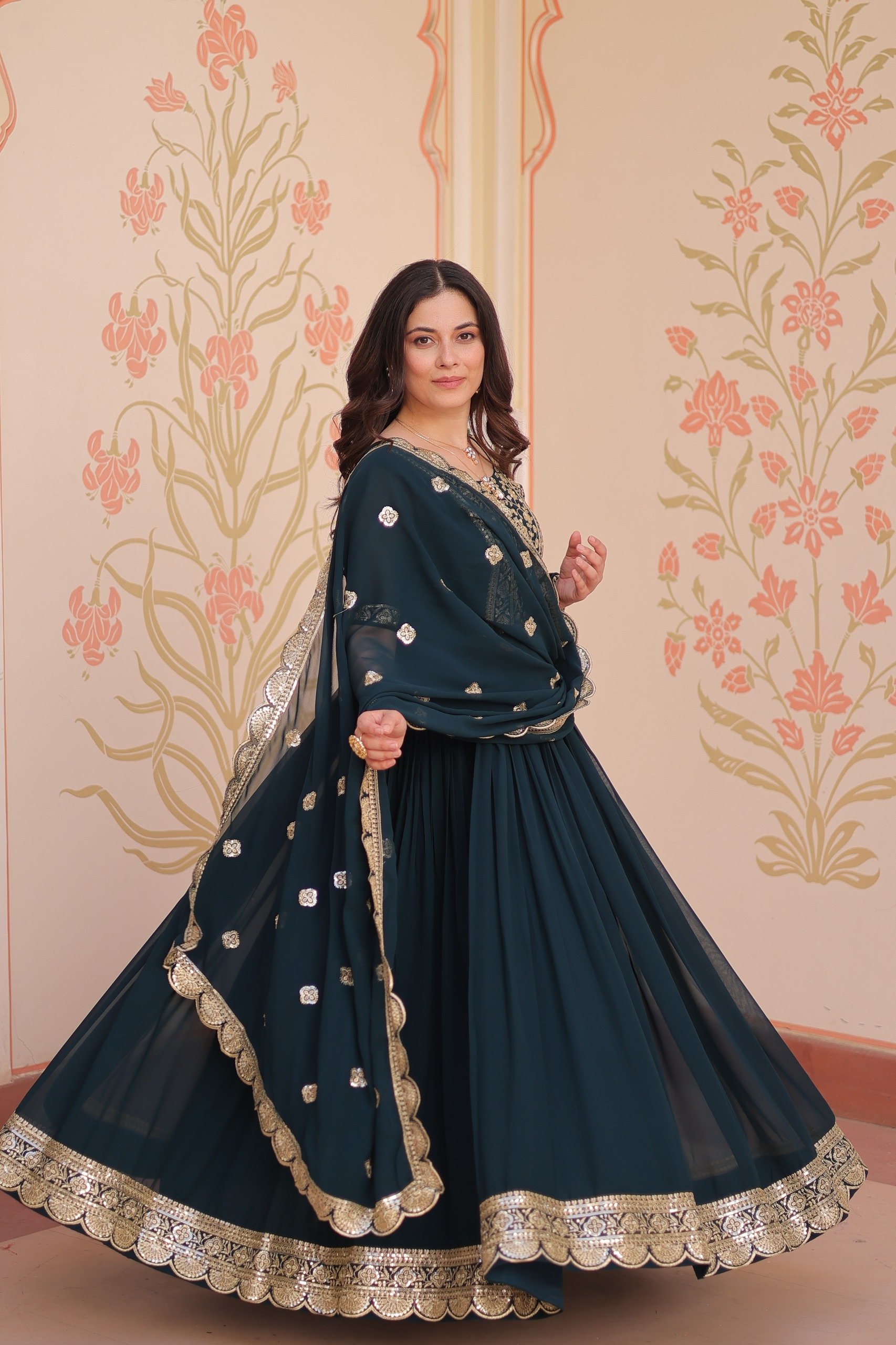 Peacock Blue Faux Blooming Embroidery Zari Work Gown - Image 5