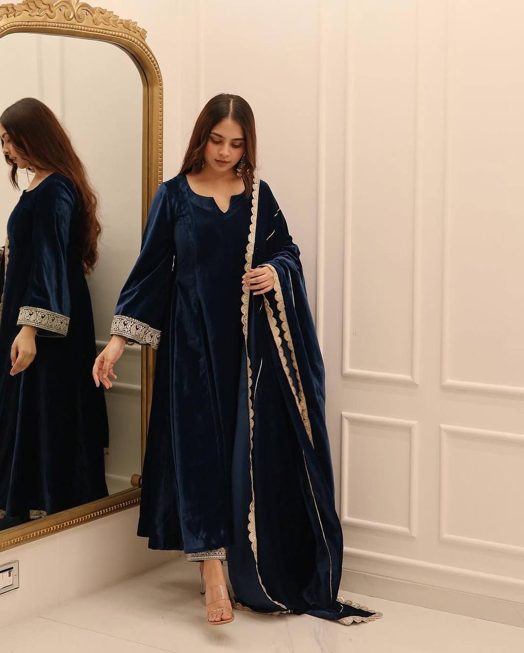 Navy Blue Viscous Velvet Embroidery Work Gown - Image 2