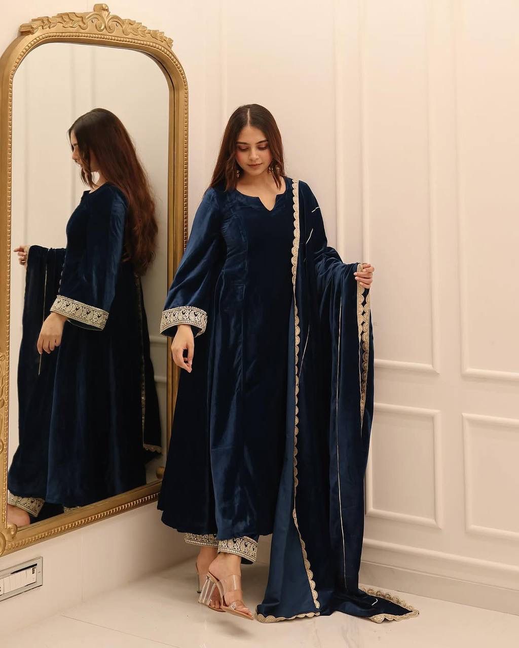 Navy Blue Viscous Velvet Embroidery Work Gown - Image 4