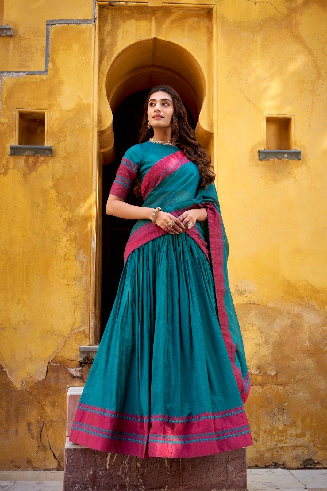 Teal Chanderi Embroidery Work Lehenga Choli - Image 2