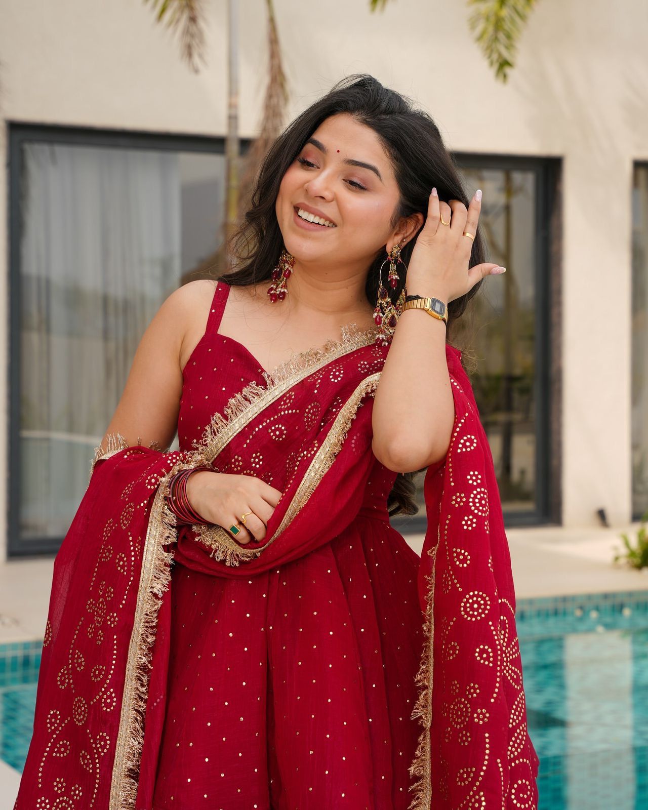 Red Tabby Organza Lace Work Salwar Suit - Image 3