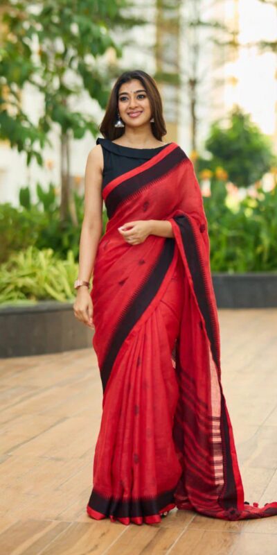 Red Soft Lilan Slab  Lace Border Saree