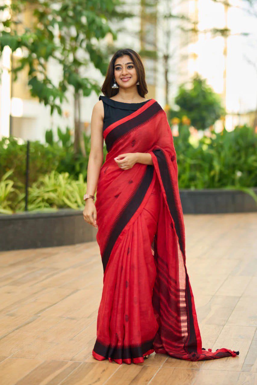 Red Soft Lilan Slab Lace Border Saree
