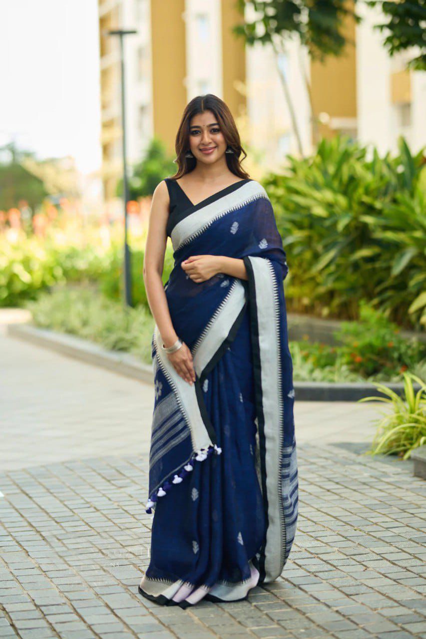 Blue Soft Lilan Slab Lace Border Saree - Image 2