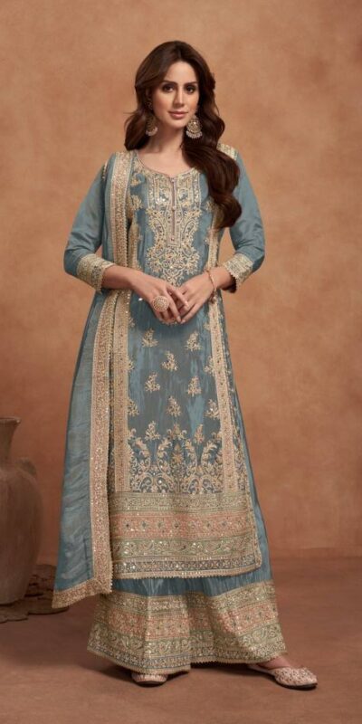 Grey Vichitra Embroidery Lace Work Salwar Suit