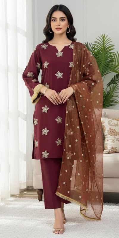 Maroon Natural Crep Silk Border Lace Work Salwar Suit