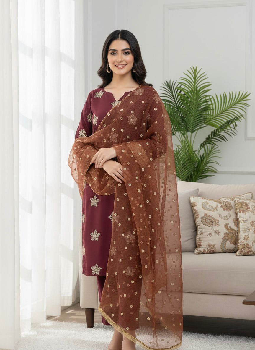 Maroon Natural Crep Silk Border Lace Work Salwar Suit - Image 2