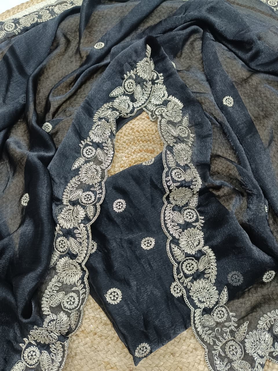 Black Space Silk Embroidery Work Saree