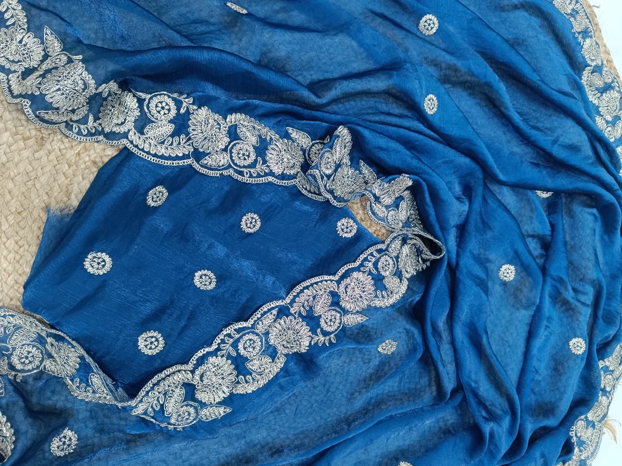 Blue Space Silk Embroidery Work Saree