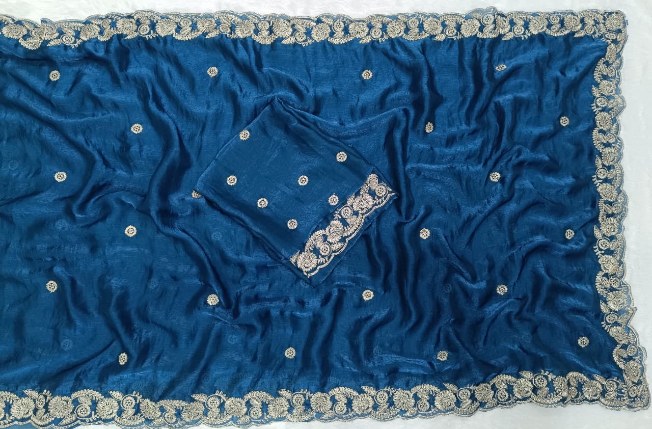 Blue Space Silk Embroidery Work Saree - Image 2