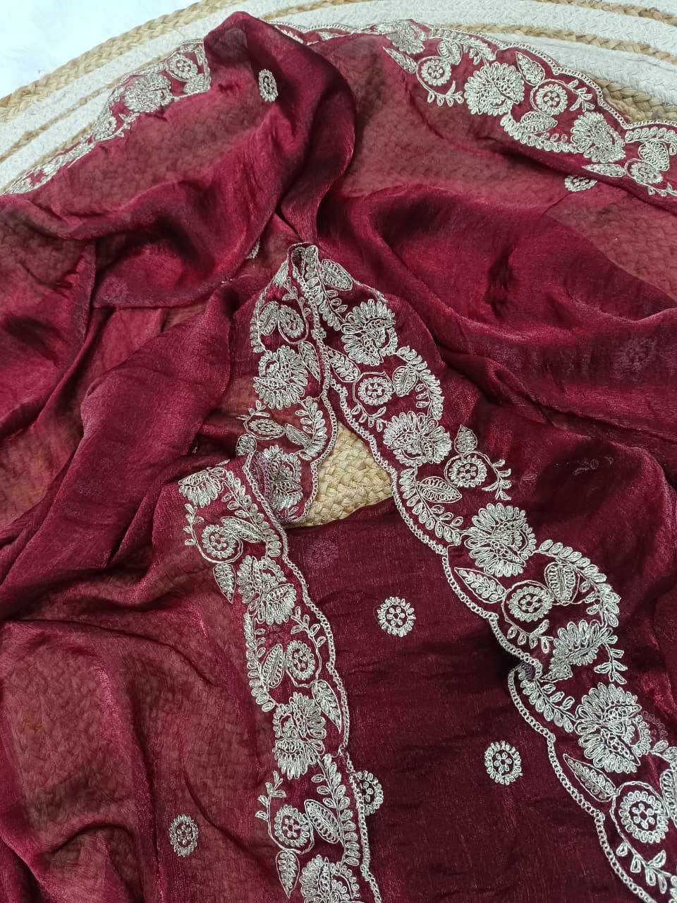 Maroon Space Silk Embroidery Work Saree