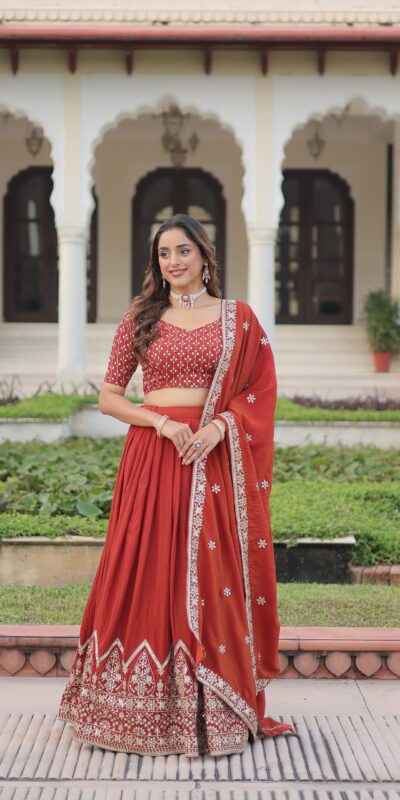 Rust Vichitra Silk Sequins Work Lehenga Choli