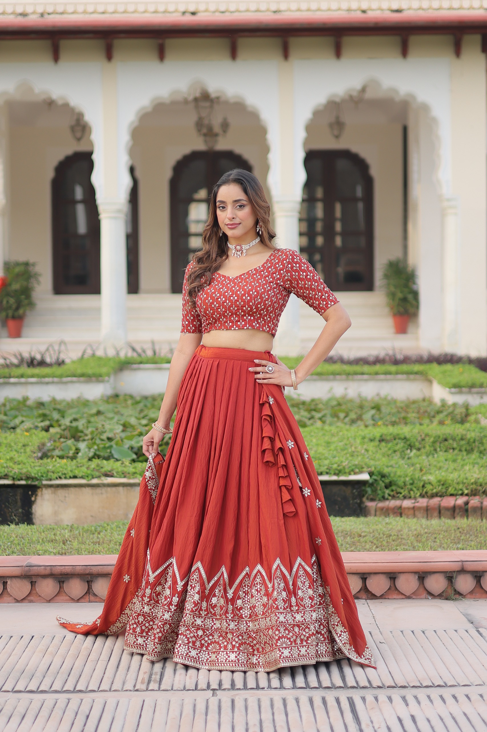 Rust Vichitra Silk Sequins Work Lehenga Choli - Image 5