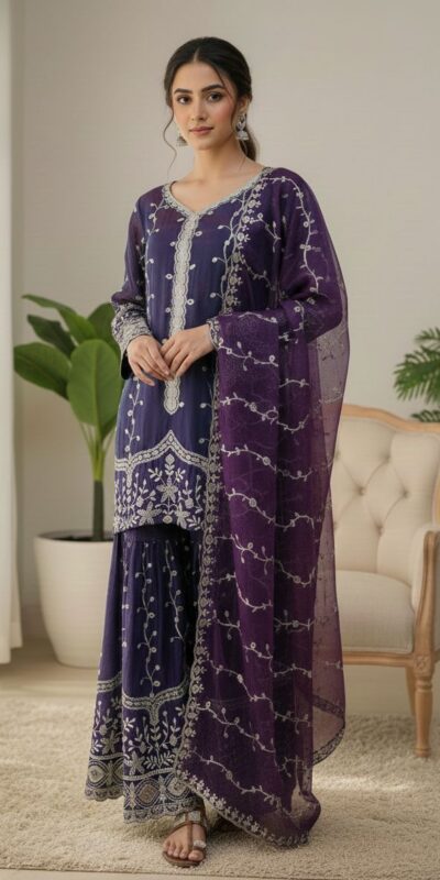 Purple Fendy Silk Embroidery Work Salwar Suit