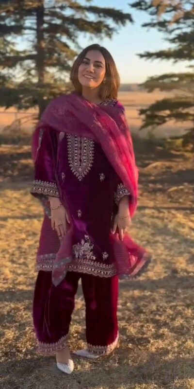 Wine Twill Net Embroidery Lace Work Salwar Suit