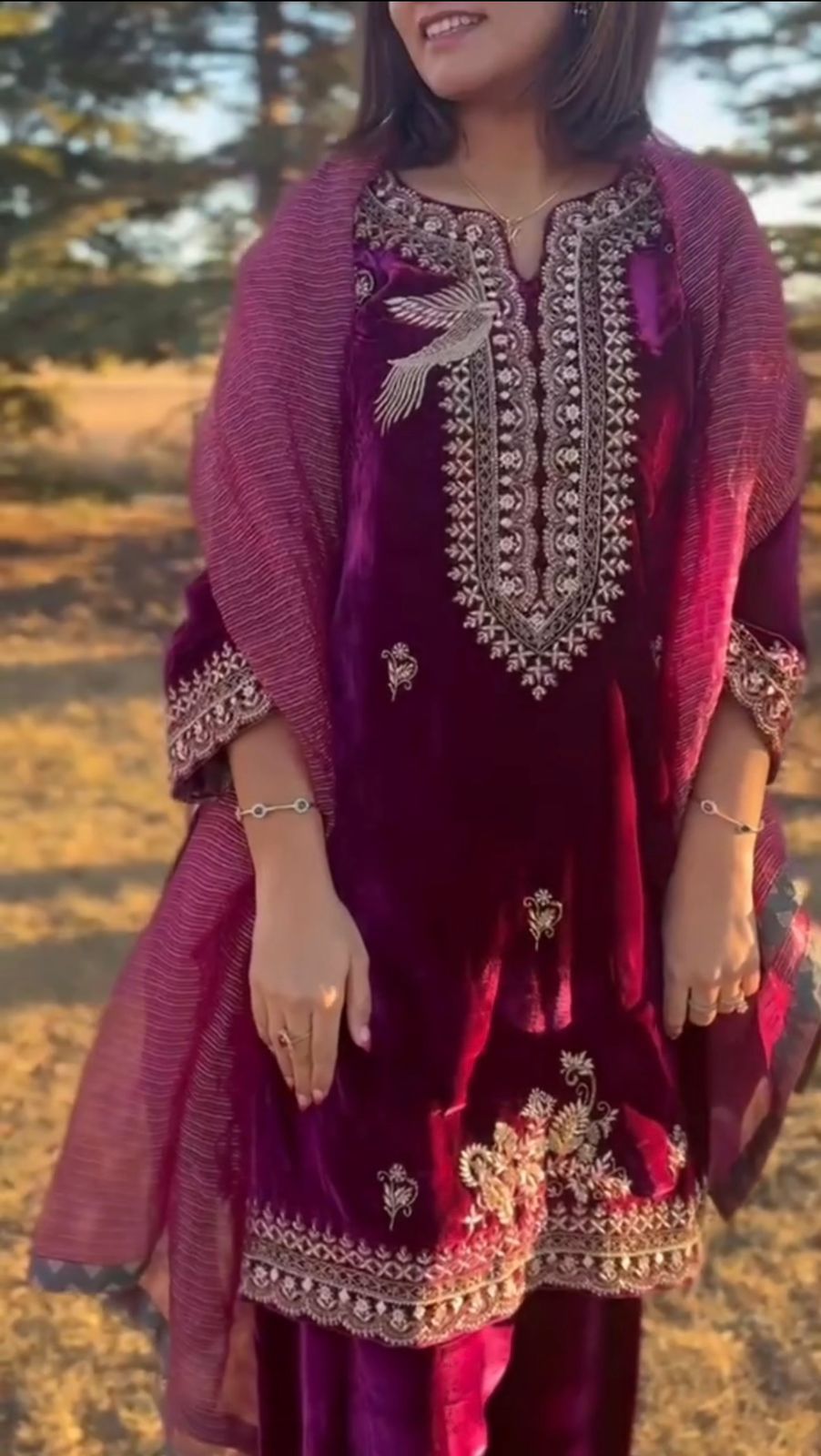 Wine Twill Net Embroidery Lace Work Salwar Suit - Image 4