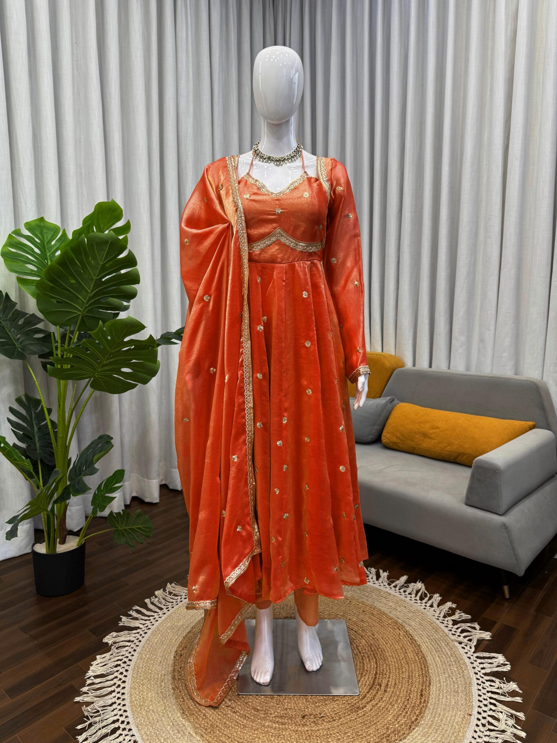Orange Fendy Silk Lace Work Salwar Suit