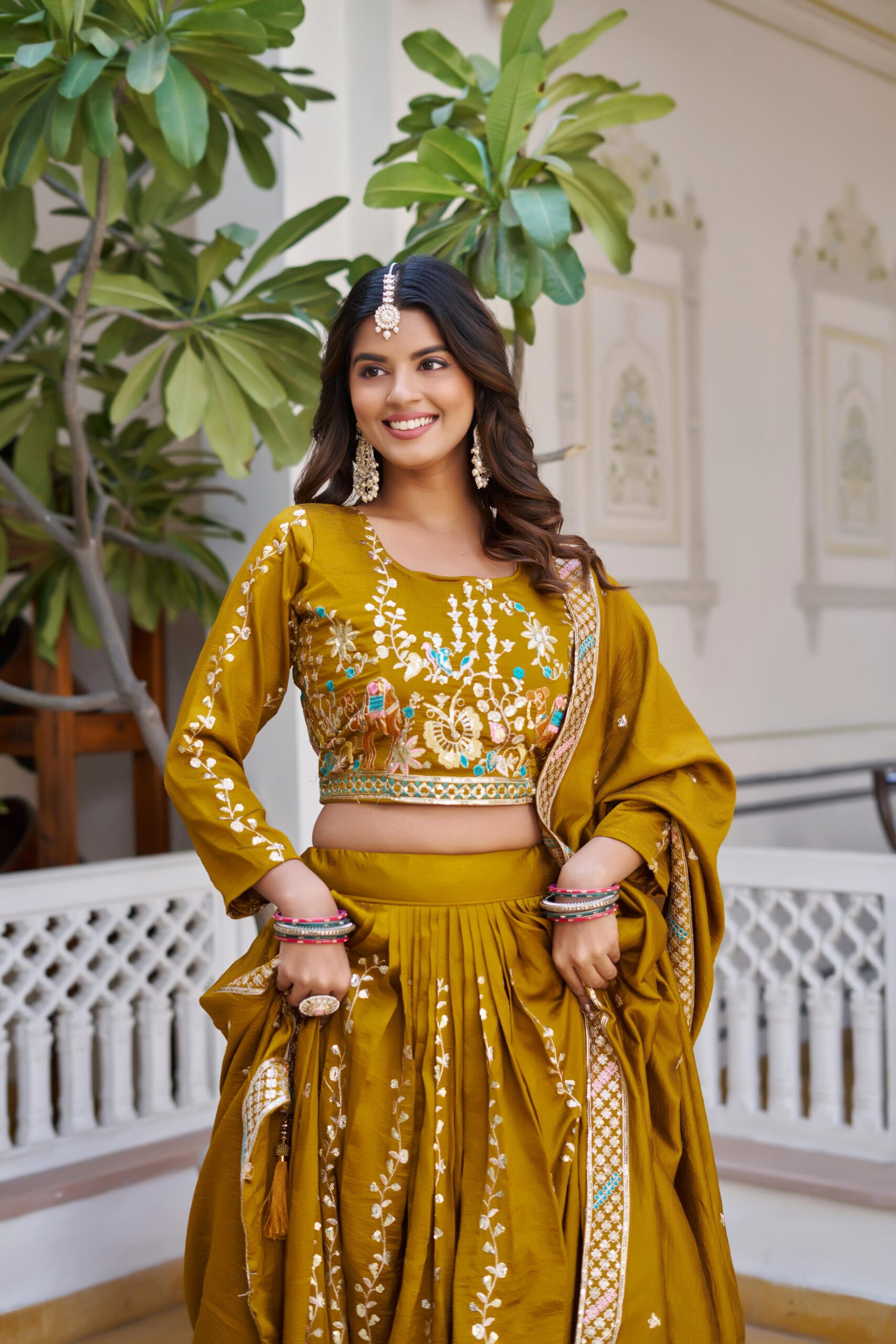 Mustered Vichitra Embroidery Work Lehenga Choli - Image 3