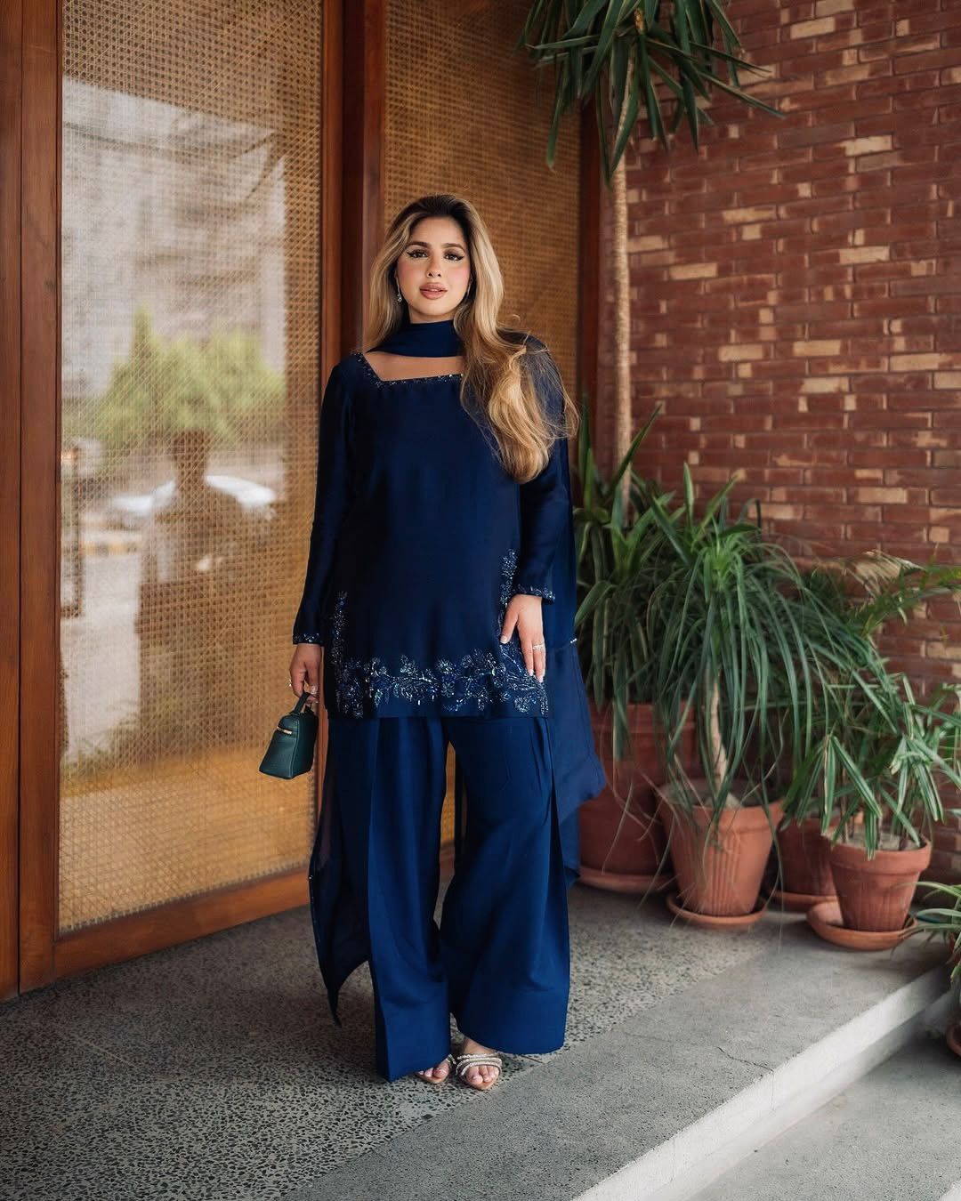 Navy Blue Natural Crep Silk Sequence Work Salwar Suit - Image 2