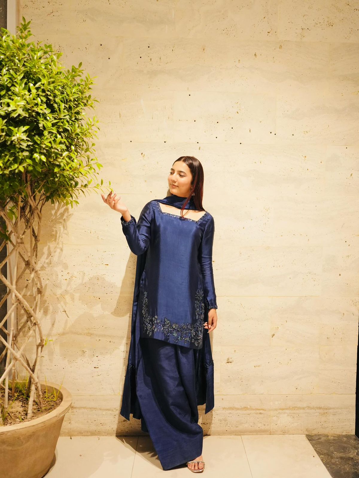 Navy Blue Natural Crep Silk Sequence Work Salwar Suit - Image 6