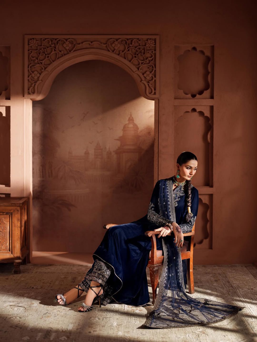 Navy Blue Velvet Embroidery Work Salwar Suit - Image 2