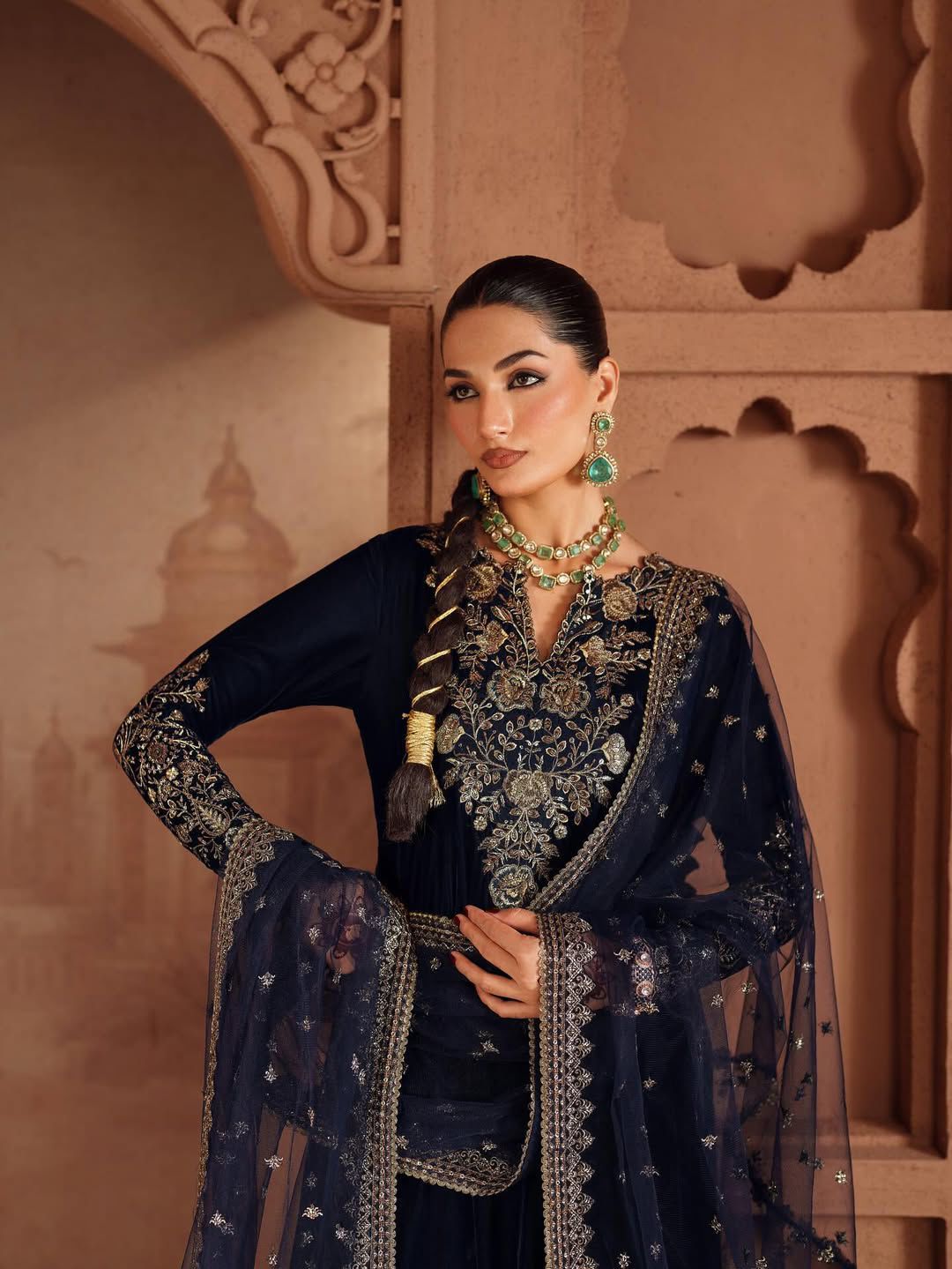 Navy Blue Velvet Embroidery Work Salwar Suit - Image 3