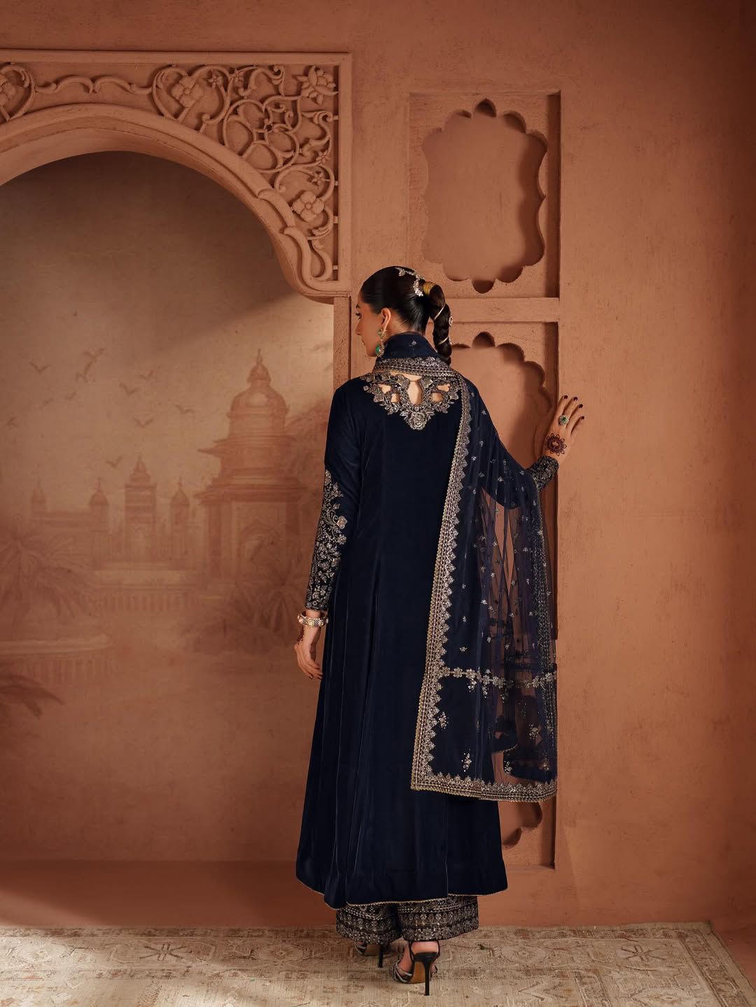 Navy Blue Velvet Embroidery Work Salwar Suit - Image 5