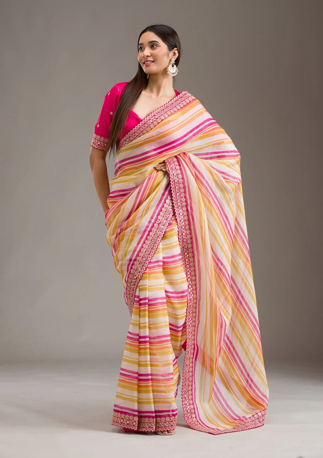 Pink Chinon Silk Embroidery Cut Work Saree - Image 2