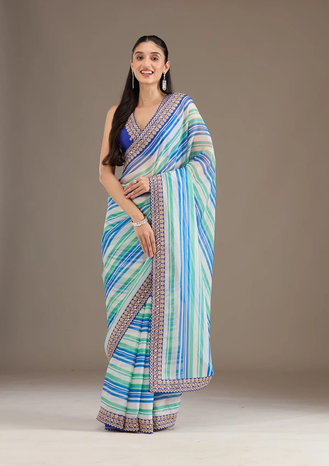 Royal Blue Chinon Silk Embroidery Cut Work Saree