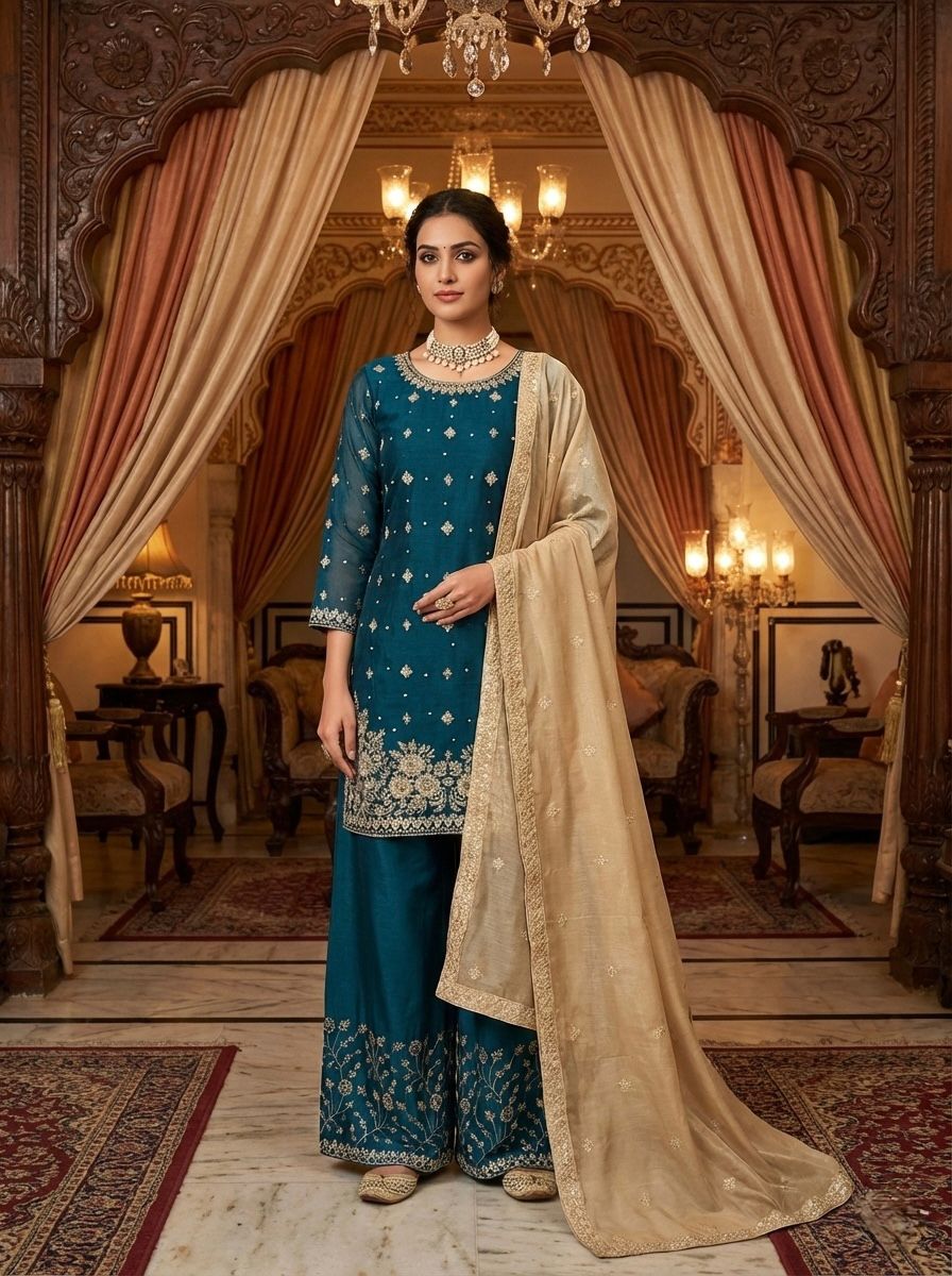 Peacock Blue Organza Silk Sequence Work Salwar Suit
