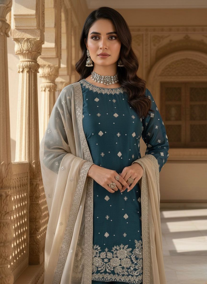 Peacock Blue Organza Silk Sequence Work Salwar Suit - Image 3