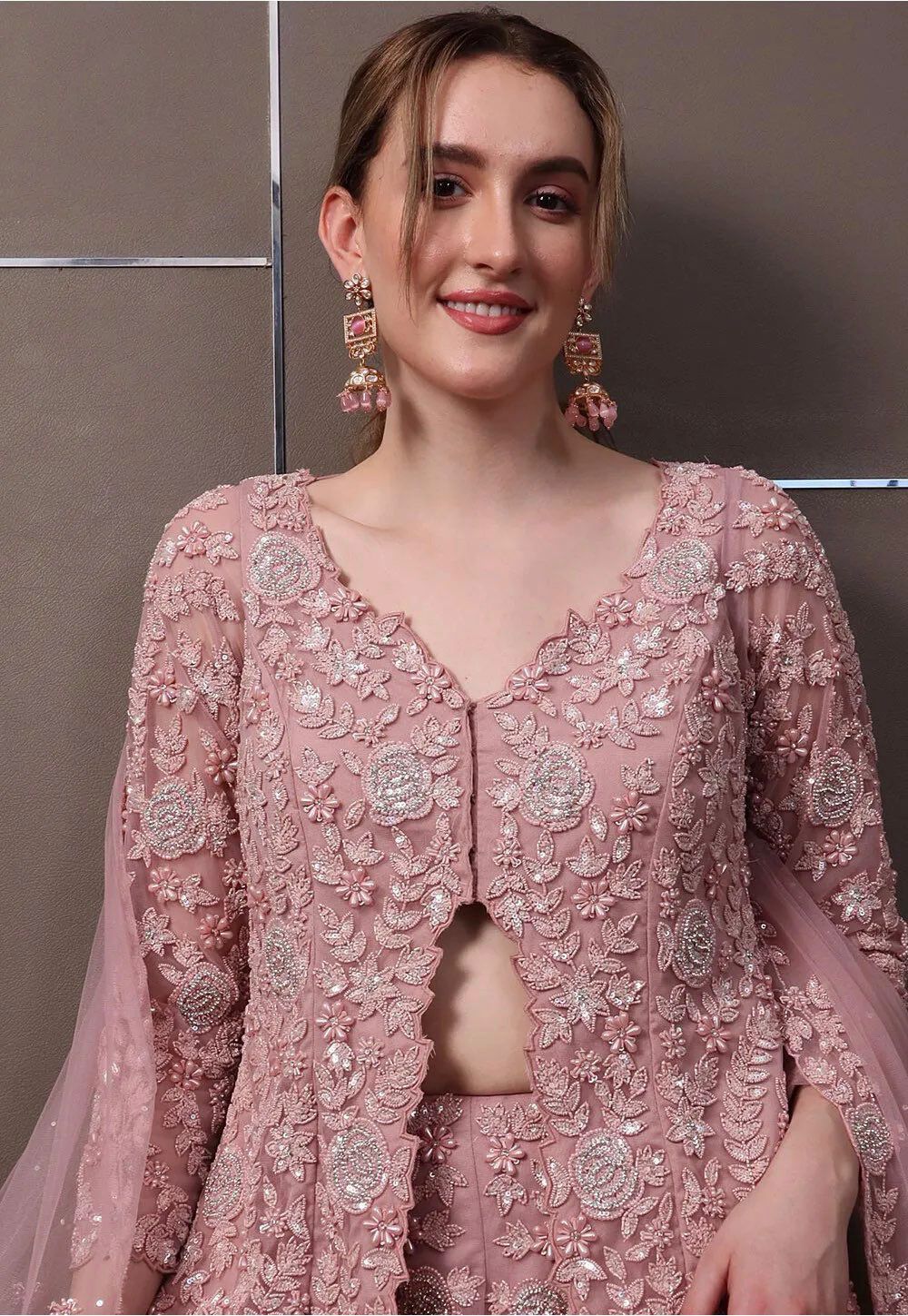 Light Pink Faux Georgette Lace Work Salwar Suit - Image 2