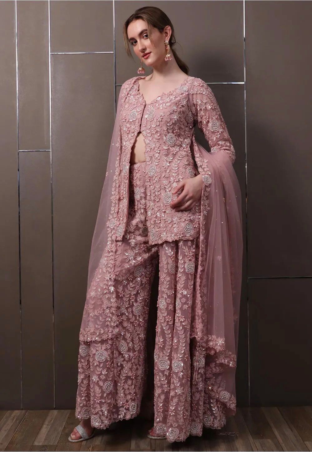 Light Pink Faux Georgette Lace Work Salwar Suit