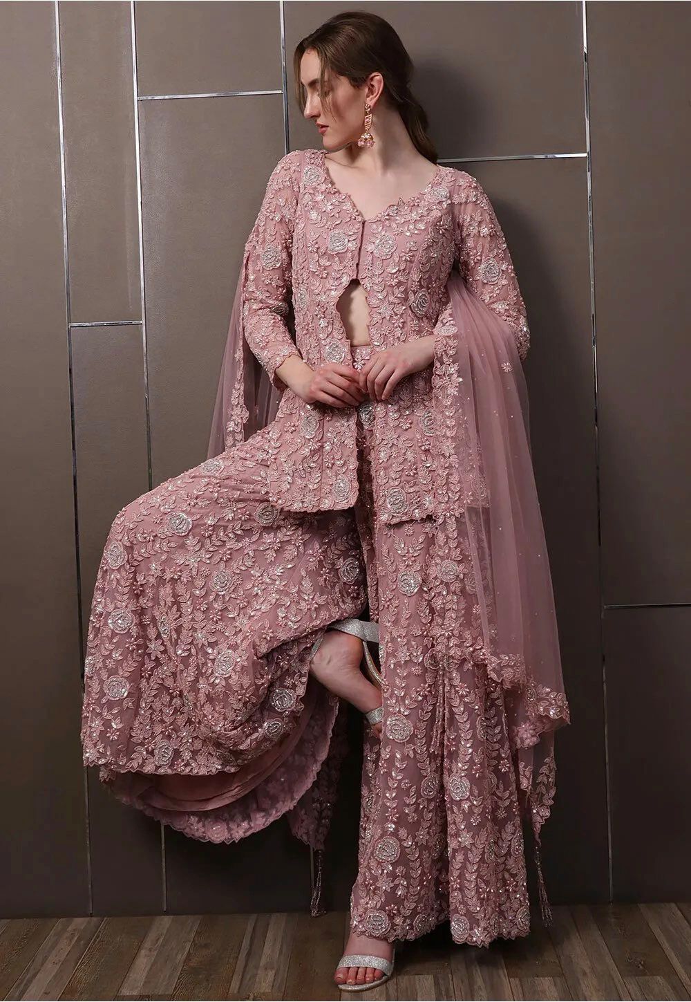 Light Pink Faux Georgette Lace Work Salwar Suit - Image 5