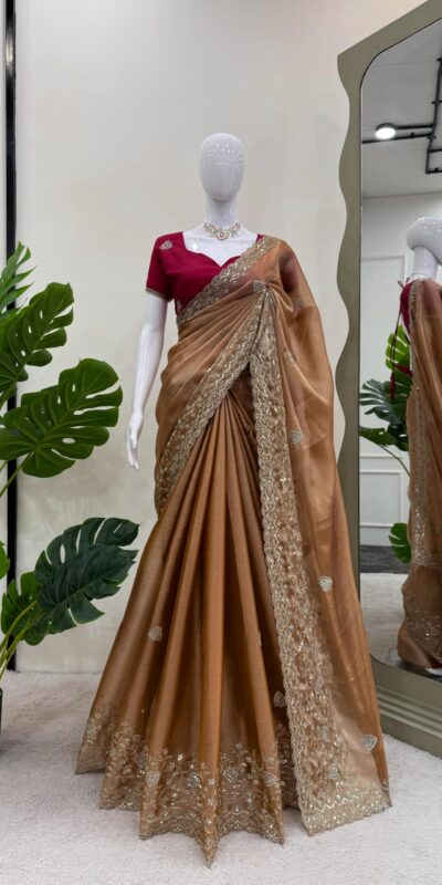 Brown Burberry Silk Sequence Work Saree