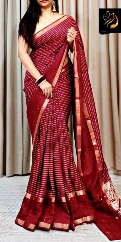 Red Dola Silk Lace Border Sequins Work Saree