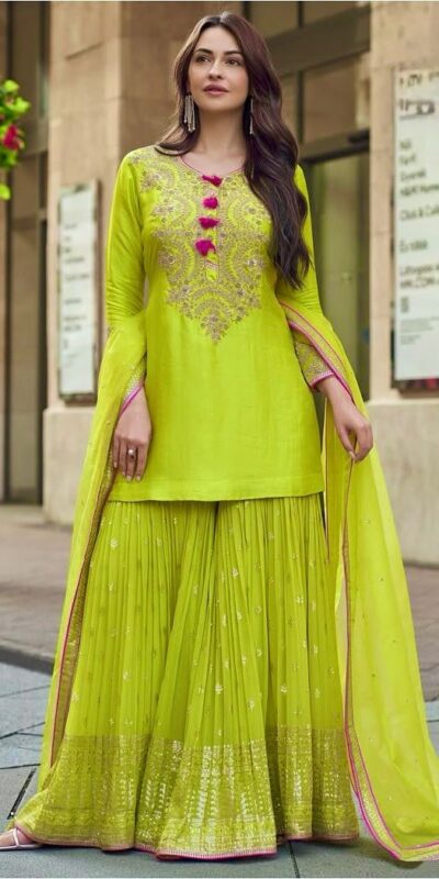 Lime Yellow Faux Georgette Embroidery Work Salwar Suit