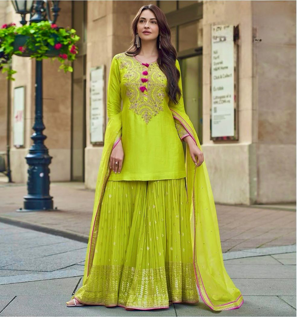 Lime Yellow Faux Georgette Embroidery Work Salwar Suit