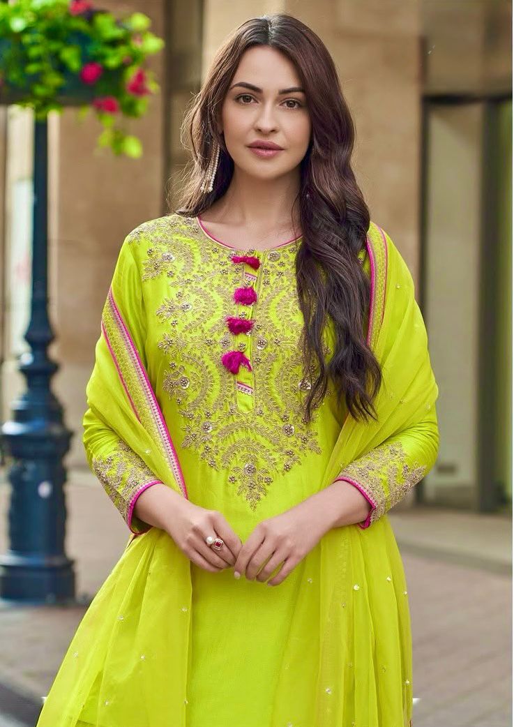 Lime Yellow Faux Georgette Embroidery Work Salwar Suit - Image 3