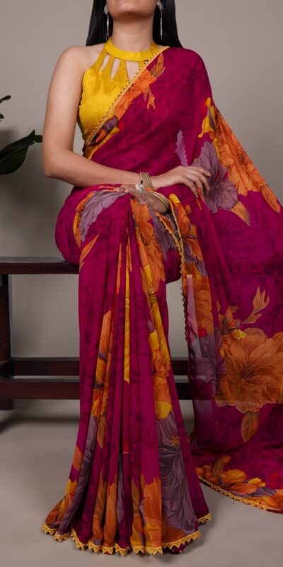 Pink Weightless Marbal Lace Border Work Saree