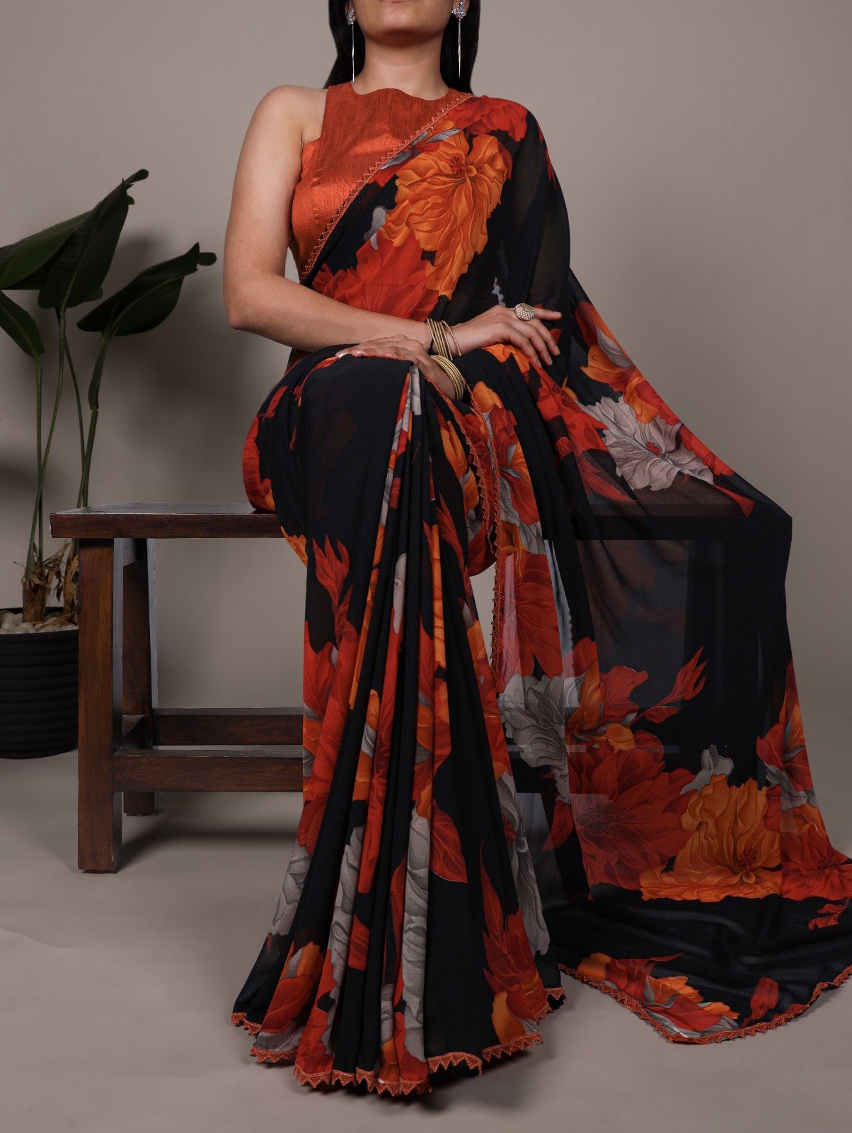 Orange Weightless Marbal Lace Border Work Saree