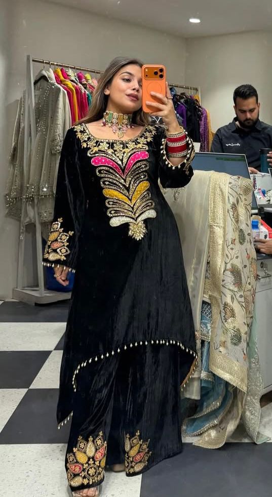 Black Velvet Sequence Patch Work Salwar Suit