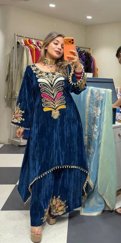 Blue Velvet Sequence Patch Work Salwar Suit
