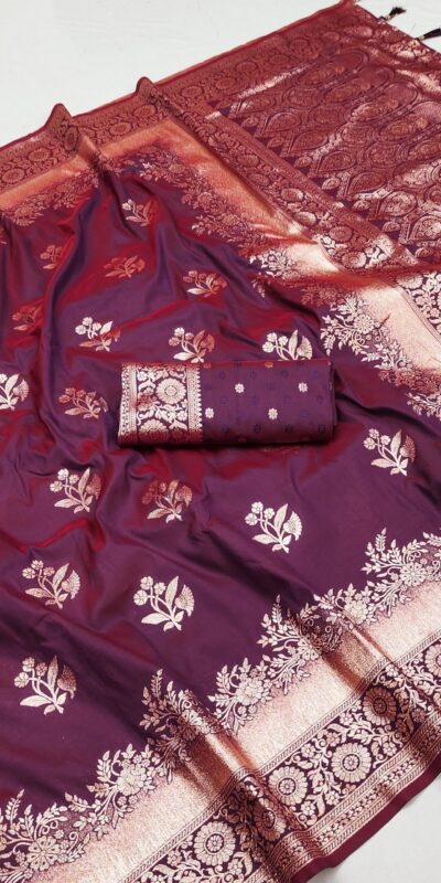 Wine Banarasi Silk Weaving Lace Zari Work Saree