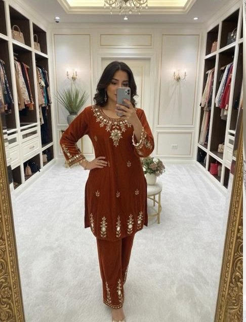 Rust Velvet Embroidery Mirror Work Salwar Suit
