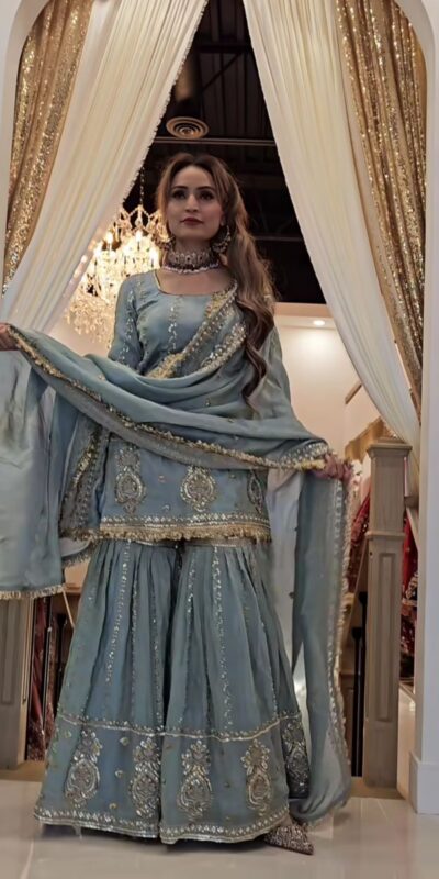 Grey Chinon Silk Embroidery Lace Work Salwar Suit